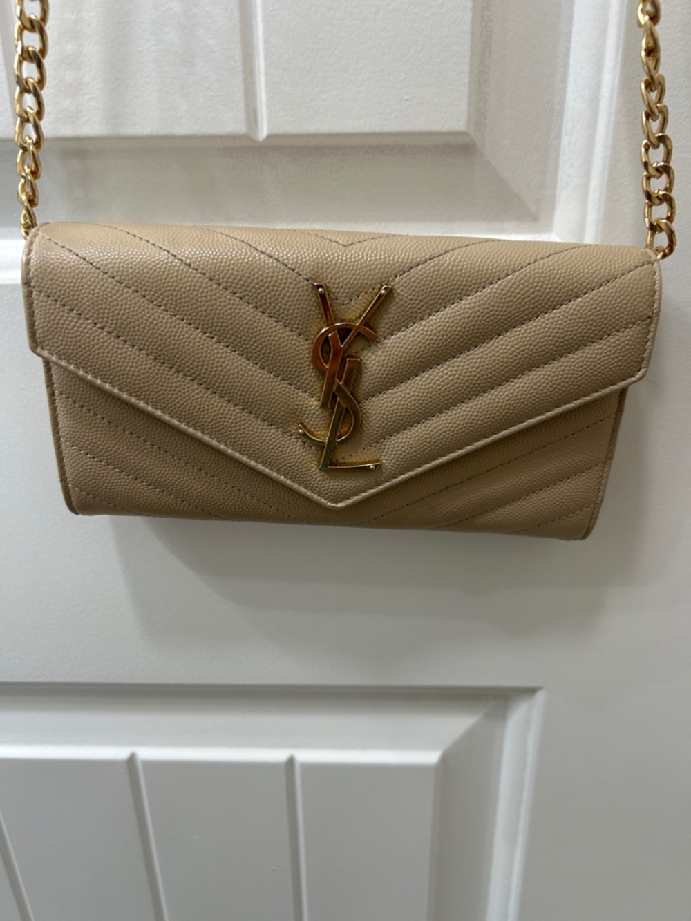 YSL Cassandre Beige Quilted Leather Wallet-on-Chain with Gold YSL Hardware